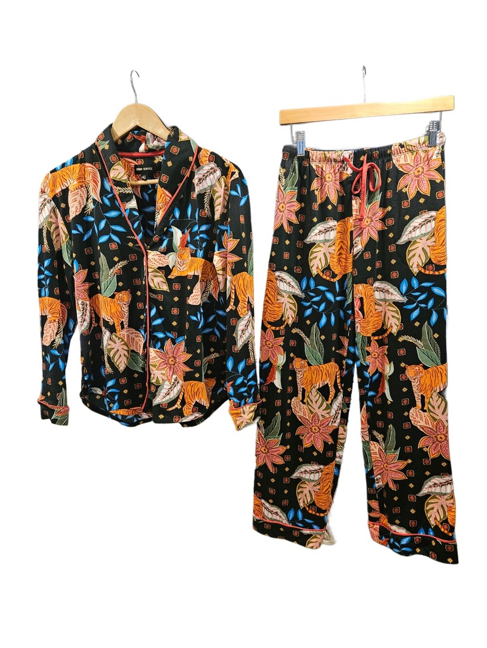 Room Service Tiger Floral Tropical Pajama Set Size S Long Sleeve Sleepwear - Picture 3 of 8